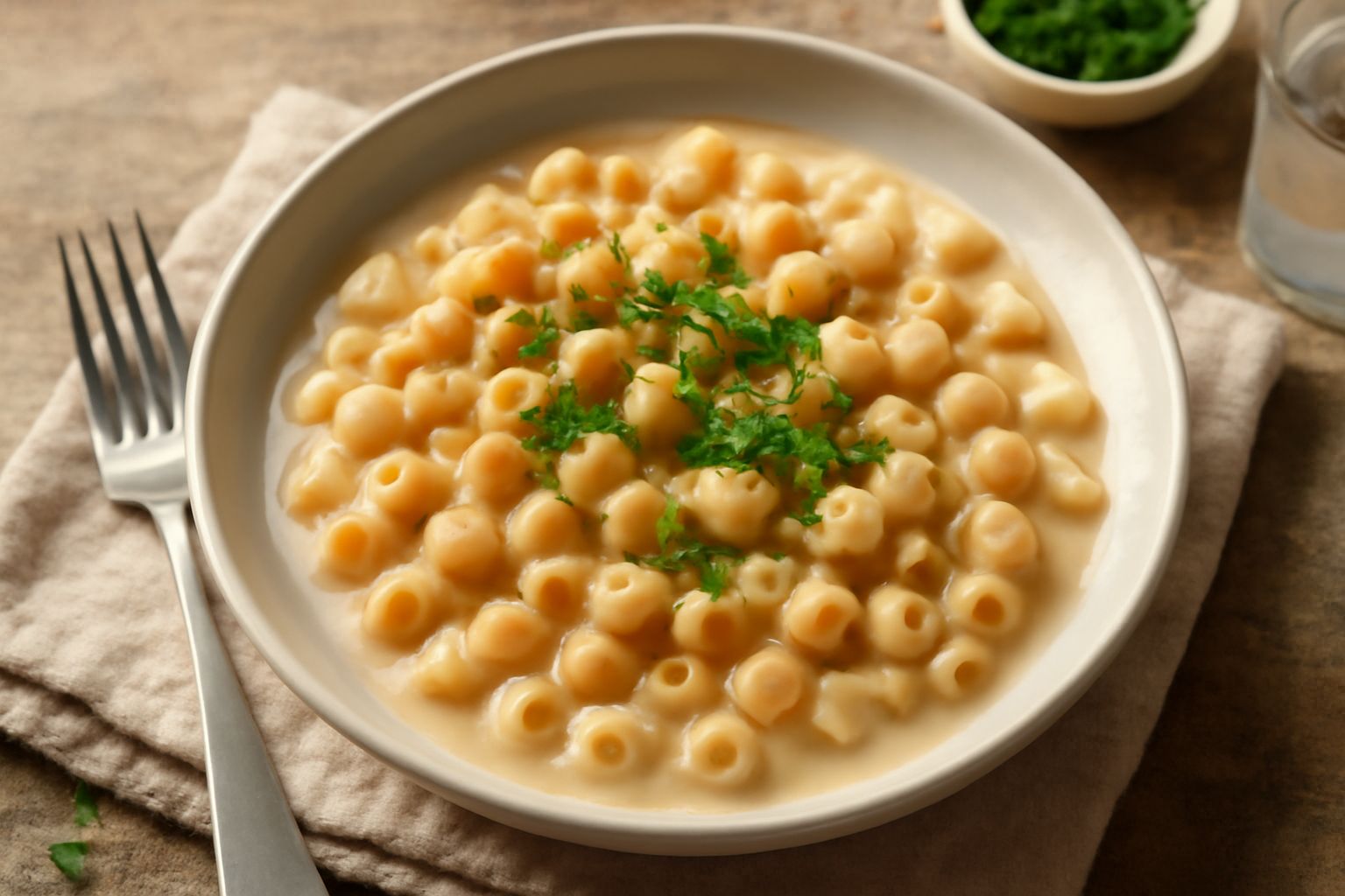 Ciotola di pasta e ceci fredda con ditalini bianchi e ceci color avorio in salsa cremosa color beige, guarnita con un rametto di prezzemolo verde e un filo di olio extravergine d'oliva dorato