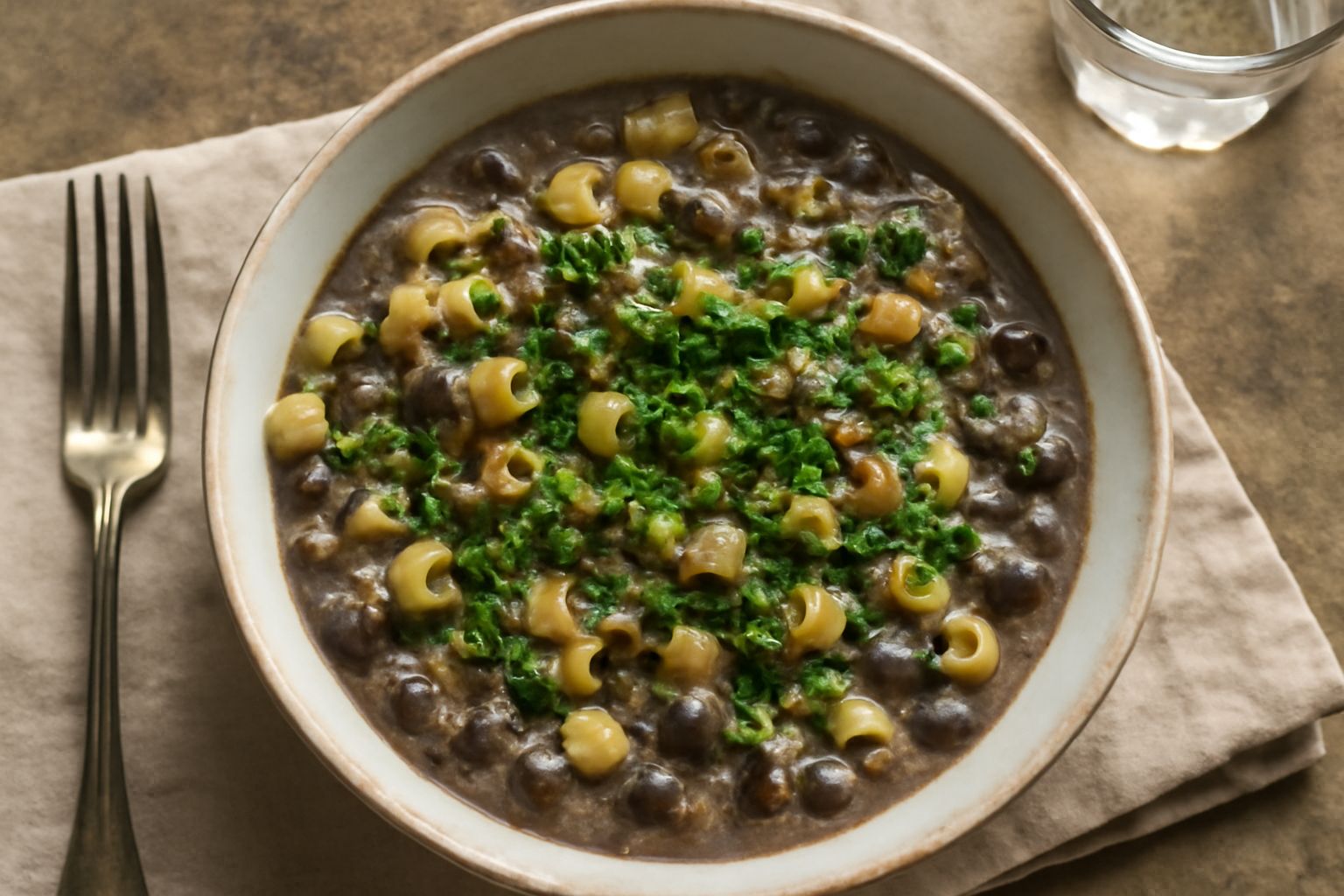 Piatto fondo di pasta con ceci neri in brodo cremoso color grigio scuro, condito con filo d'olio e prezzemolo fresco tritato, servito in stoviglia bianca