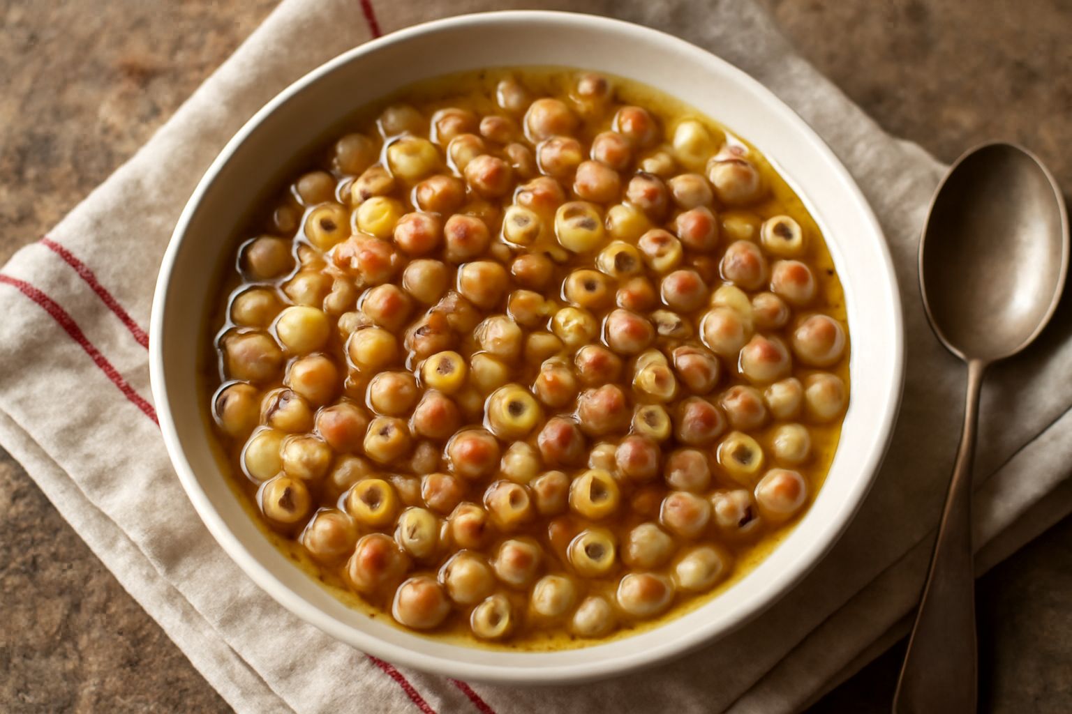 Ciotola di terracotta con pasta corta e cicerchie dorate, aglio soffritto, olio giallastro in superficie, peperoncino rosso tritato sopra, prezzemolo fresco verde, pane toscano scuro a lato