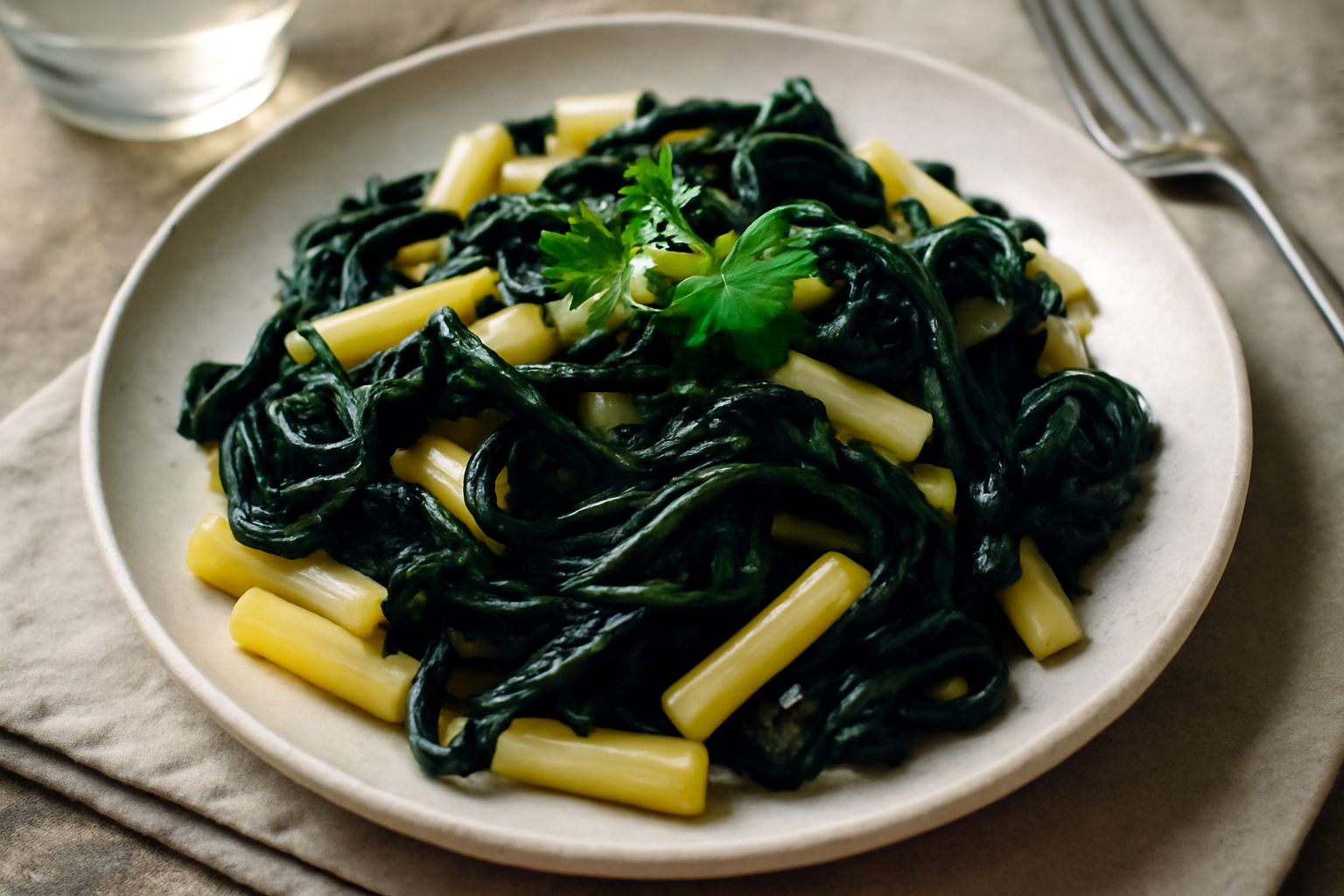 Piatto fondo di pasta e cicoria con cicoria scura, verdetto verde intenso e olio di oliva lucido, spolverato di pepe nero, su tavolo di legno chiaro
