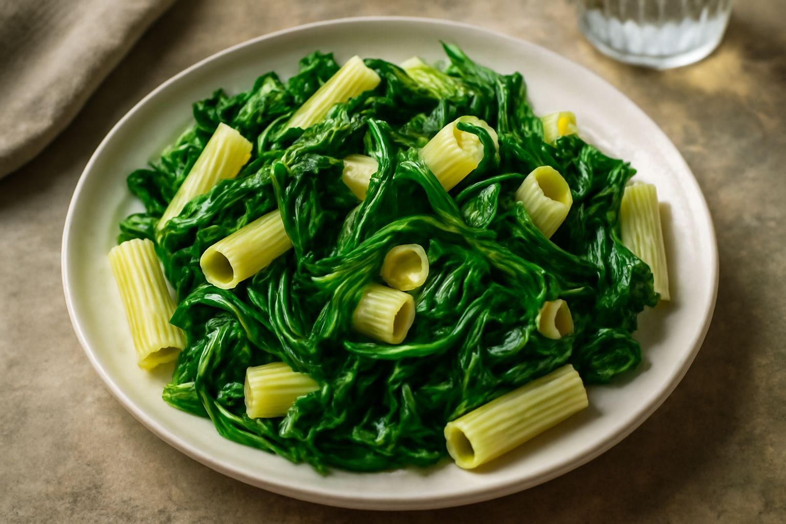 Piatto di pasta con erbaggi misti - spinaci, cicoria, bietola - di colore verde brillante, conditi con olio dorato, aglio affettato e fiocchi di peperoncino rosso, servito in un piatto bianco fondo