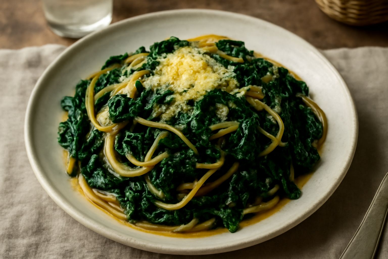 Piatto di pasta al dente con erbette verdi brillanti condite con burro dorato, parmigiano grattugiato e aglio, servito in un piatto bianco profondo con un filo d'olio extravergine