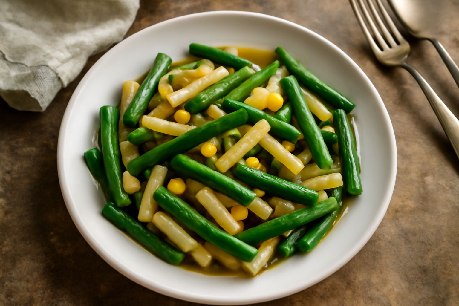 Piatto di pasta con faggiolini croccanti di color verde brillante, conditi con olio lucido e aglio dorato, presentati su un piatto bianco con una fettina di limone al bordo
