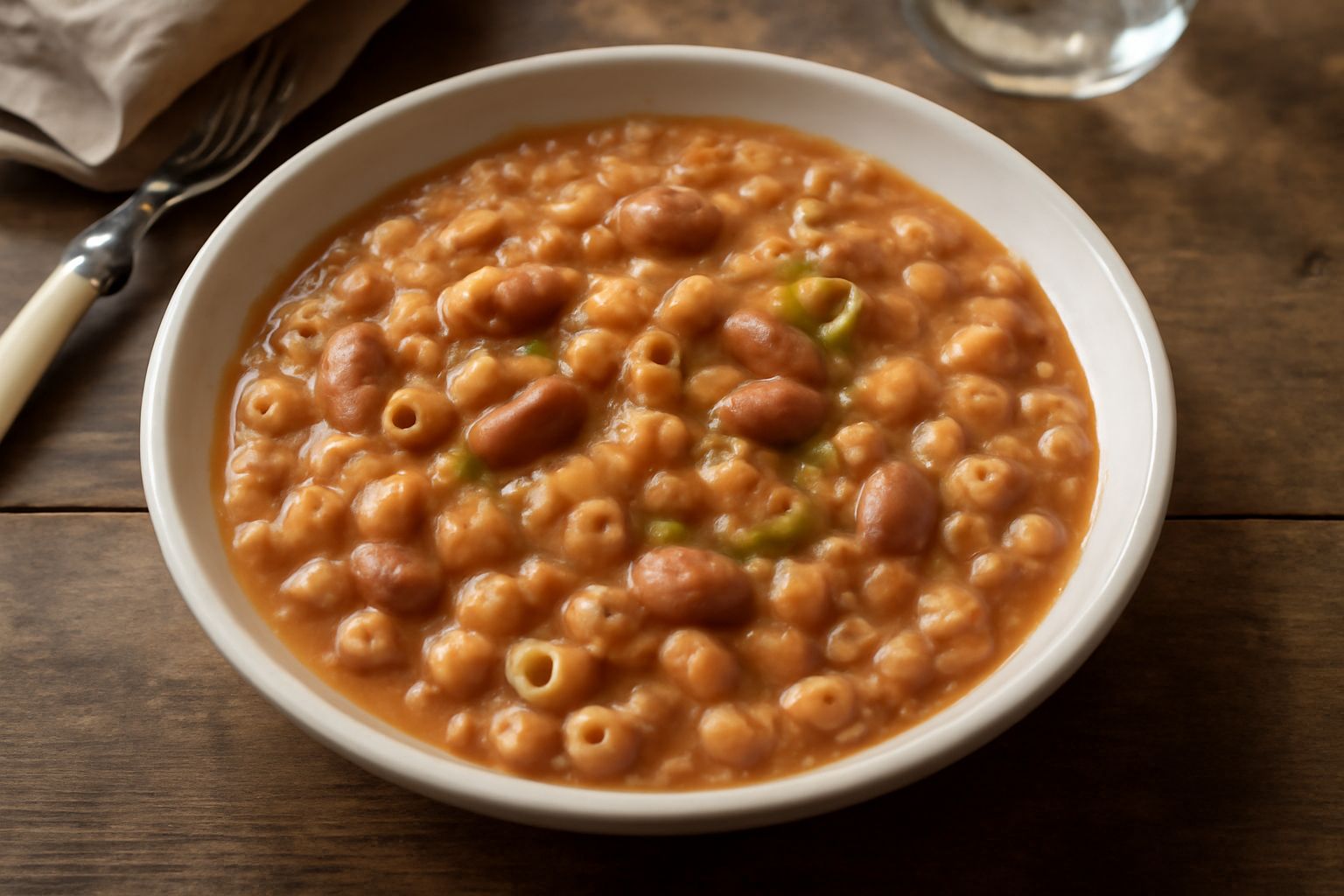 Ciotola di ceramica bianca con pasta e fagioli cremosi color nocciola, olio verde oliva a filo in superficie, prezzemolo fresco tritato, pane tostato al bordo
