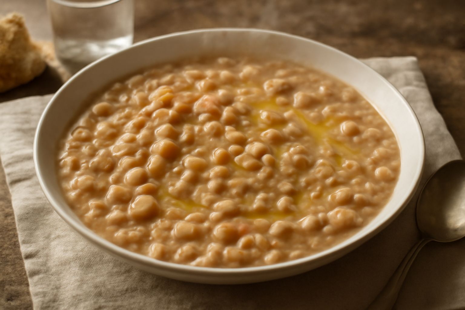 Ciotola di pasta e fagioli cremosa con fagioli cannellini interi e rotti nel brodo, pasta corta visibile, colore marrone-panna, un filo d'olio extravergine in superficie, pane tostato accanto