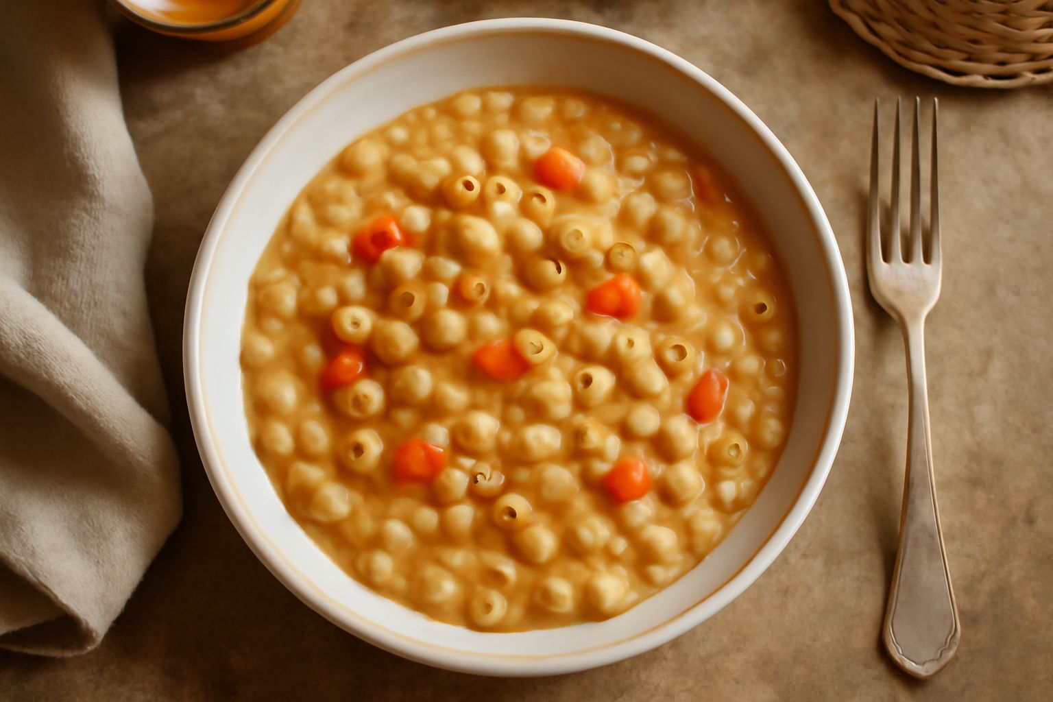 Ciotola bianca di ceramica piena di pasta e fagioli cremosi, con fagioli cannellini interi e sfaldati, ditalini bianchi, un filo d'olio d'oliva in superficie, accompagnata da una fetta di pane tostato
