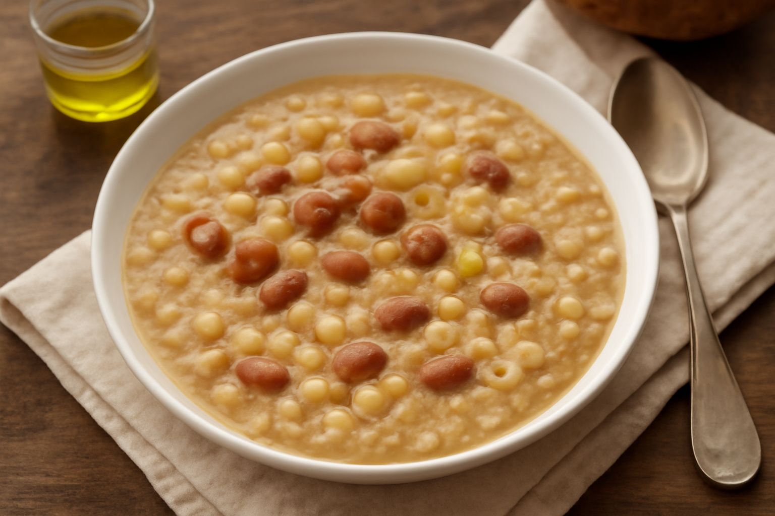 Scodella di ceramica bianca con pasta e fagioli: brodo beige denso con fagioli rossi interi e frantumati, ditalini bianchi dispersi, gocce di olio verde, fettine di lardo croccante in superficie, pepe
