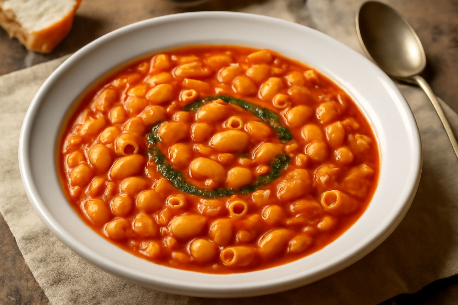 Ciotola di pasta e fagioli all'uccelletto con fagioli bianchi cannellini visibili nella minestra densa, fili di olio verde in superficie, salvia fresca, su tavolo di legno