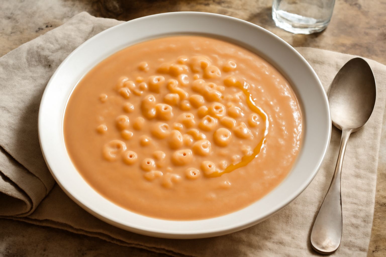 Piatto fondo di ceramica bianca con pasta e fagioli ascolana cremosa di colore beige rosato, rifinita con filo di olio e prezzemolo fresco, servita in primo piano con cucchiaio in acciaio