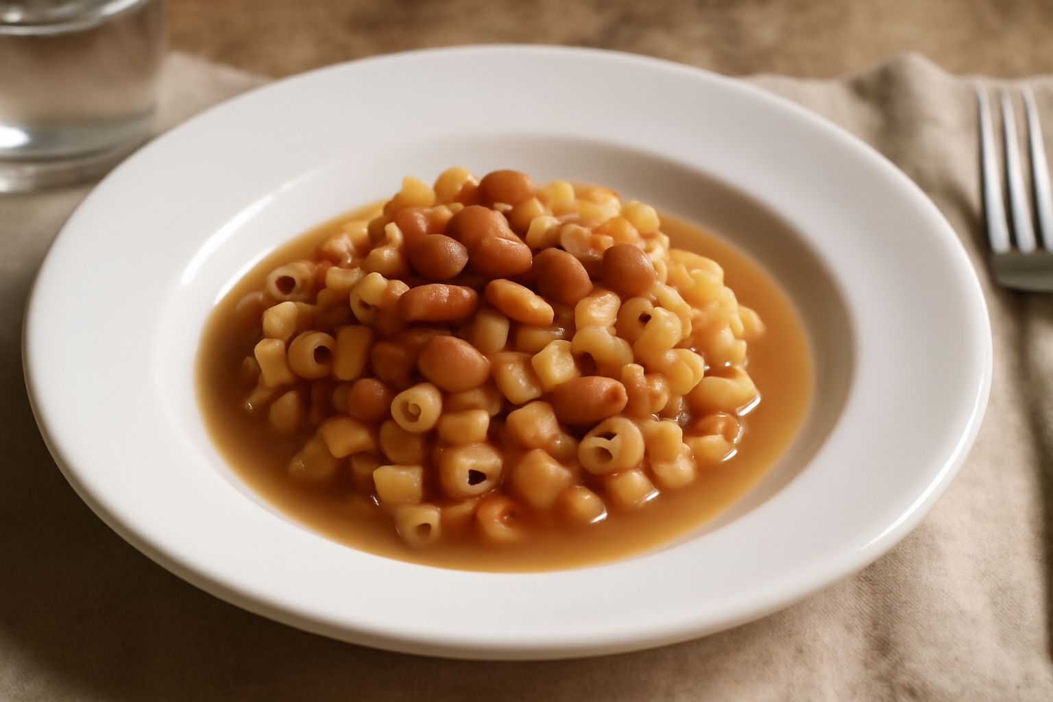 Piatto di pasta e fagioli in versione leggera: fagioli bianchi o rossi visibili accanto a piccole porzioni di pasta corta, condito con olio d'oliva, aglio e prezzemolo, servito in un piatto bianco con