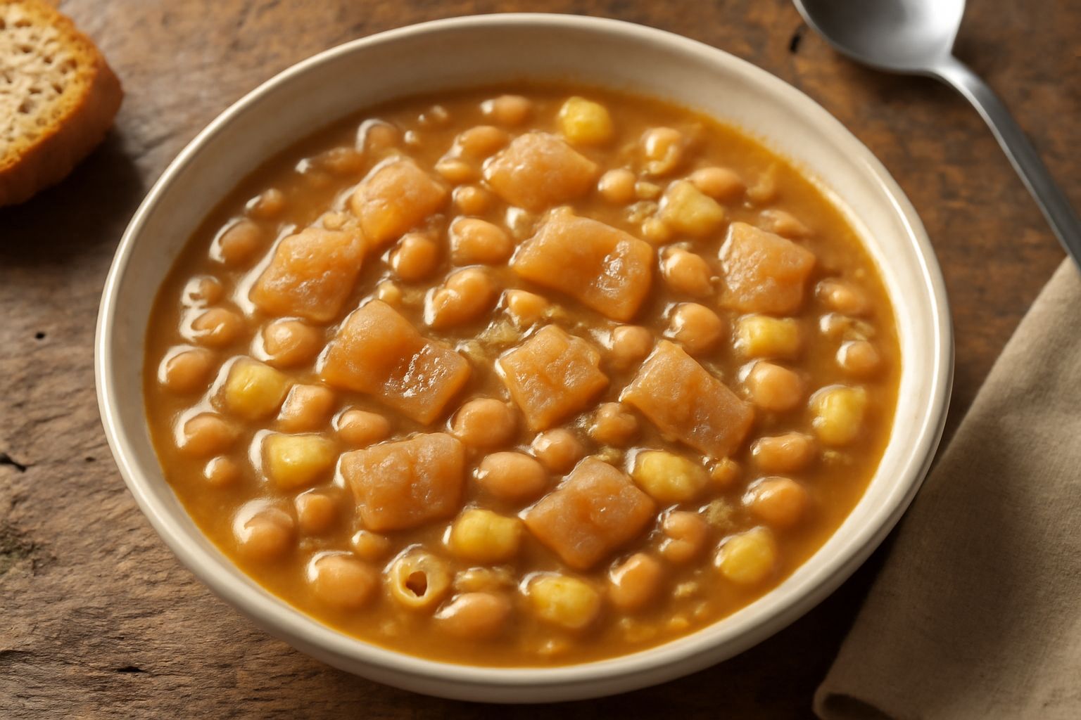 Ciotola di ceramica bianca con pasta e fagioli, brodo denso marrone chiaro, cotiche tagliate visibili in superficie, pasta corta gialla, fagioli bianchi disposti nel piatto, prezzemolo fresco tritato 