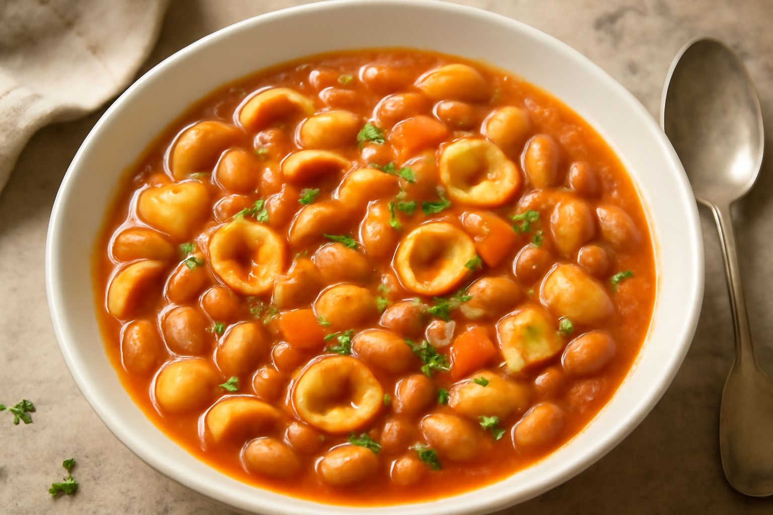 Ciotola di pasta e fagioli con orecchiette servita in un piatto fondo bianco, con fagioli cannellini, pomodoro rosso in superficie e un filo di olio verde, contornata da sedano fresco a lato