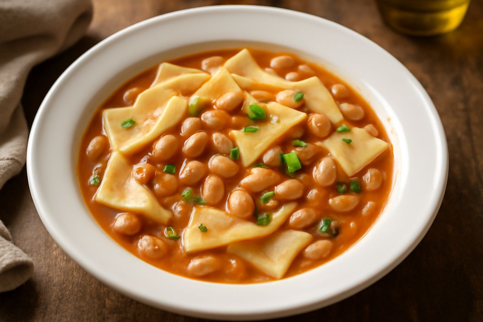 Una ciotola di ceramica bianca piena di pasta e fagioli: maltagliati beige irregolari mescolati a fagioli rossi scuri e bianchi, brodo rosato con olio d'oliva lucido in superficie, sedano e carota tag