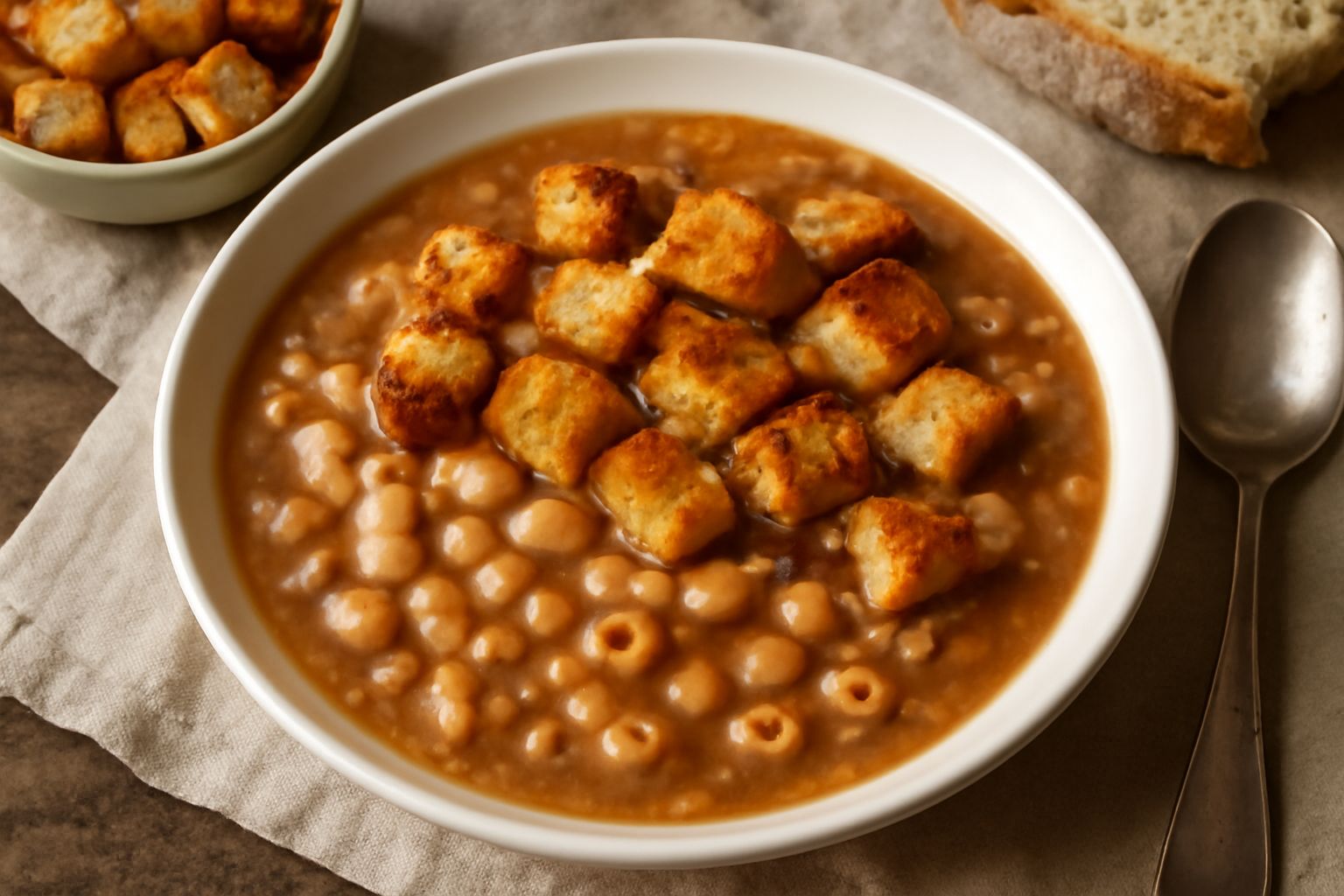 Ciotola di ceramica bianca con pasta e fagioli: brodo denso marrone-rossastro, fagioli cannellini visibili, pasta corta, pezzi di pane tostato croccante galleggianti in superficie, un filo d'olio verd