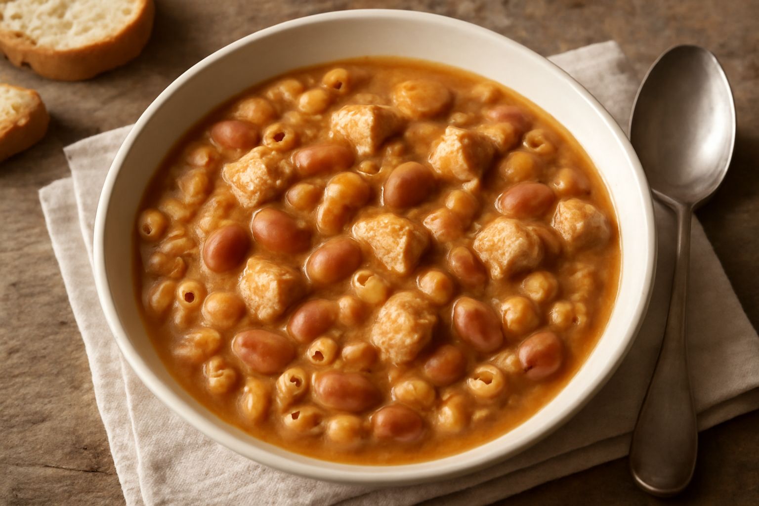 Piatto di ceramica bianca con pasta e fagioli cremosi di colore marrone scuro, brodo denso, cubetti di pane dorato croccante sparsi in superficie, filo di olio verde in controluce, pane secco tostato 