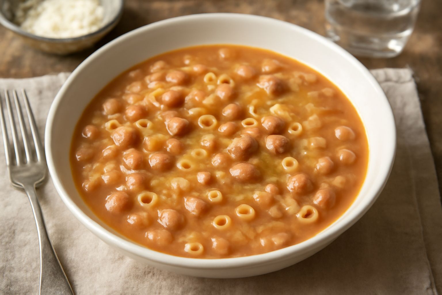Una ciotola bianca con pasta e fagioli fumante: fagioli bianchi e rossi visibili in brodo cremoso, pasta corta mista, condimento rosso ambrato in superficie, filo di olio verde scuro, prezzemolo fresc