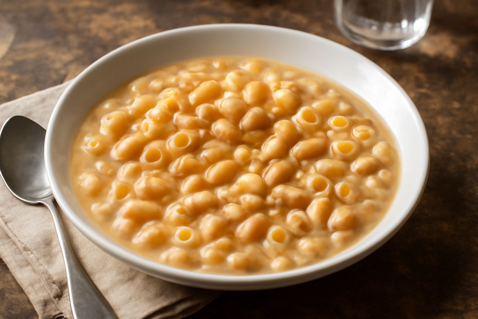 Un piatto bianco con pasta e fagioli cremosi di colore beige e marrone, pasta corta ben visibile nei fagioli, superficie brillante di olio, pepe nero e prezzemolo fresco sopra, cucchiaio di legno dent