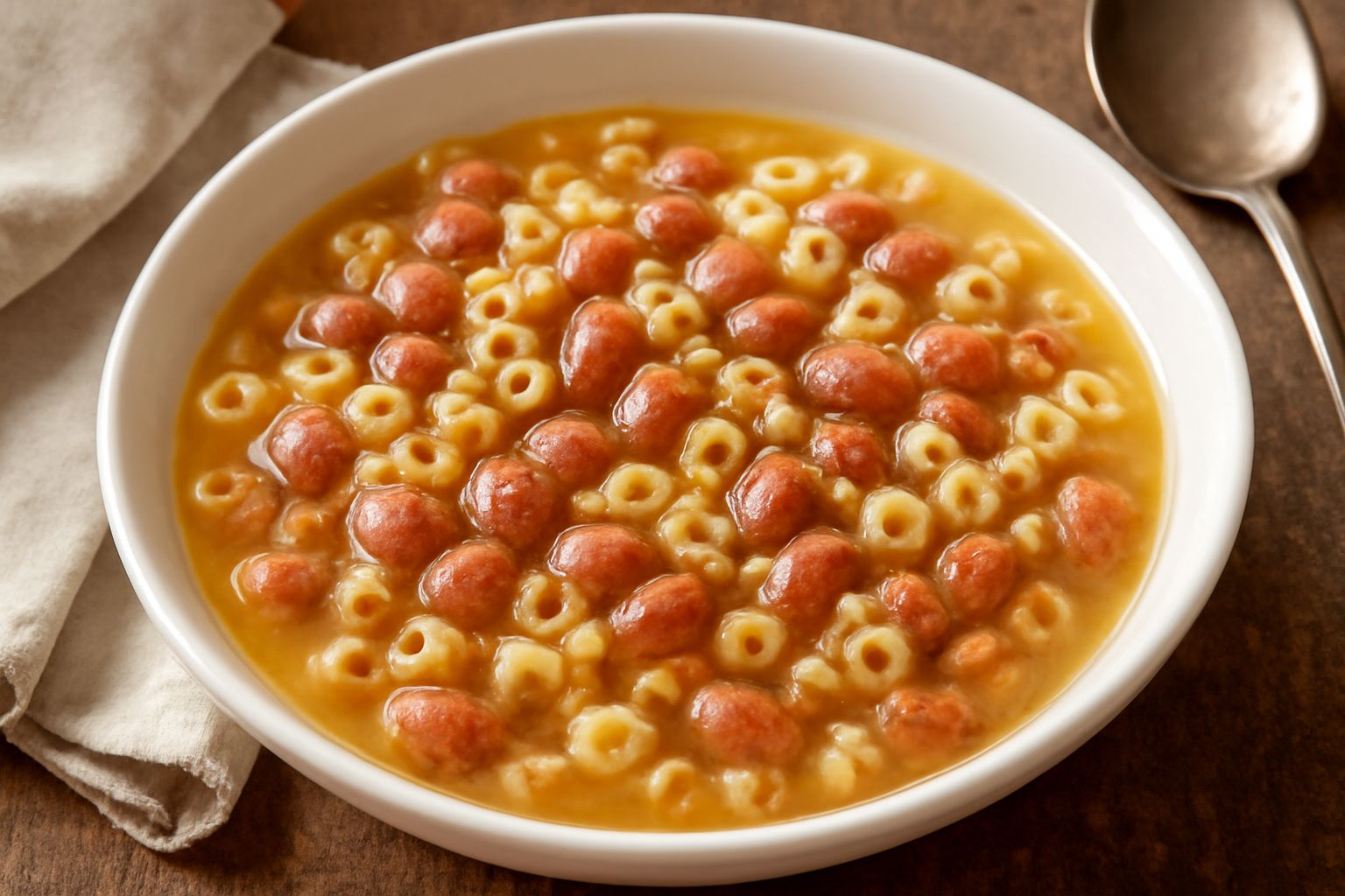 Una ciotola di ceramica bianca piena di pasta e fagioli, con fagioli rossi e bianchi visibili nel brodo trasparente, pasta corta mescolata uniformemente, guarnita con prezzemolo fresco verde e un filo