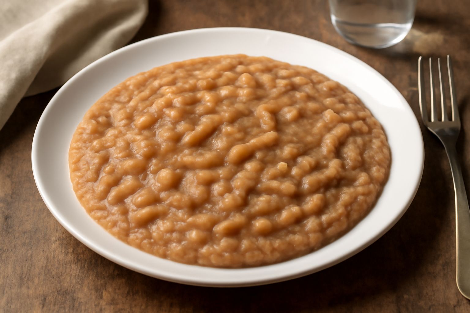 Una ciotola di ceramica bianca con pasta e fagioli cremosi di colore marrone chiaro, superficie liscia e densa, fietto di olio extravergine in superficie, qualche foglia di prezzemolo tritato, fondo n