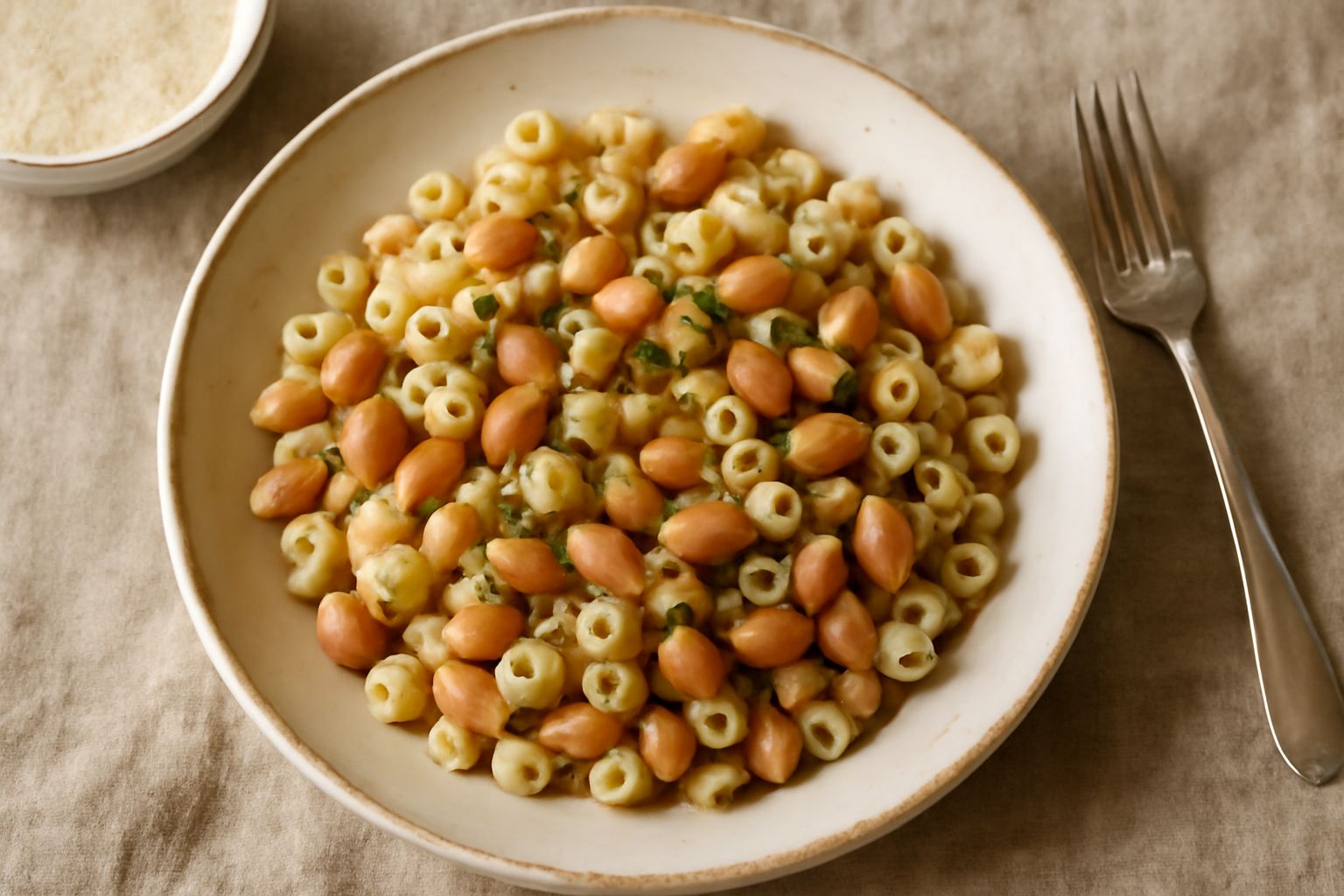 Ciotola bianca con pasta e fagioli fredda, olio d'oliva dorato, prezzemolo fresco e pomodori rossi su fondo di legno chiaro
