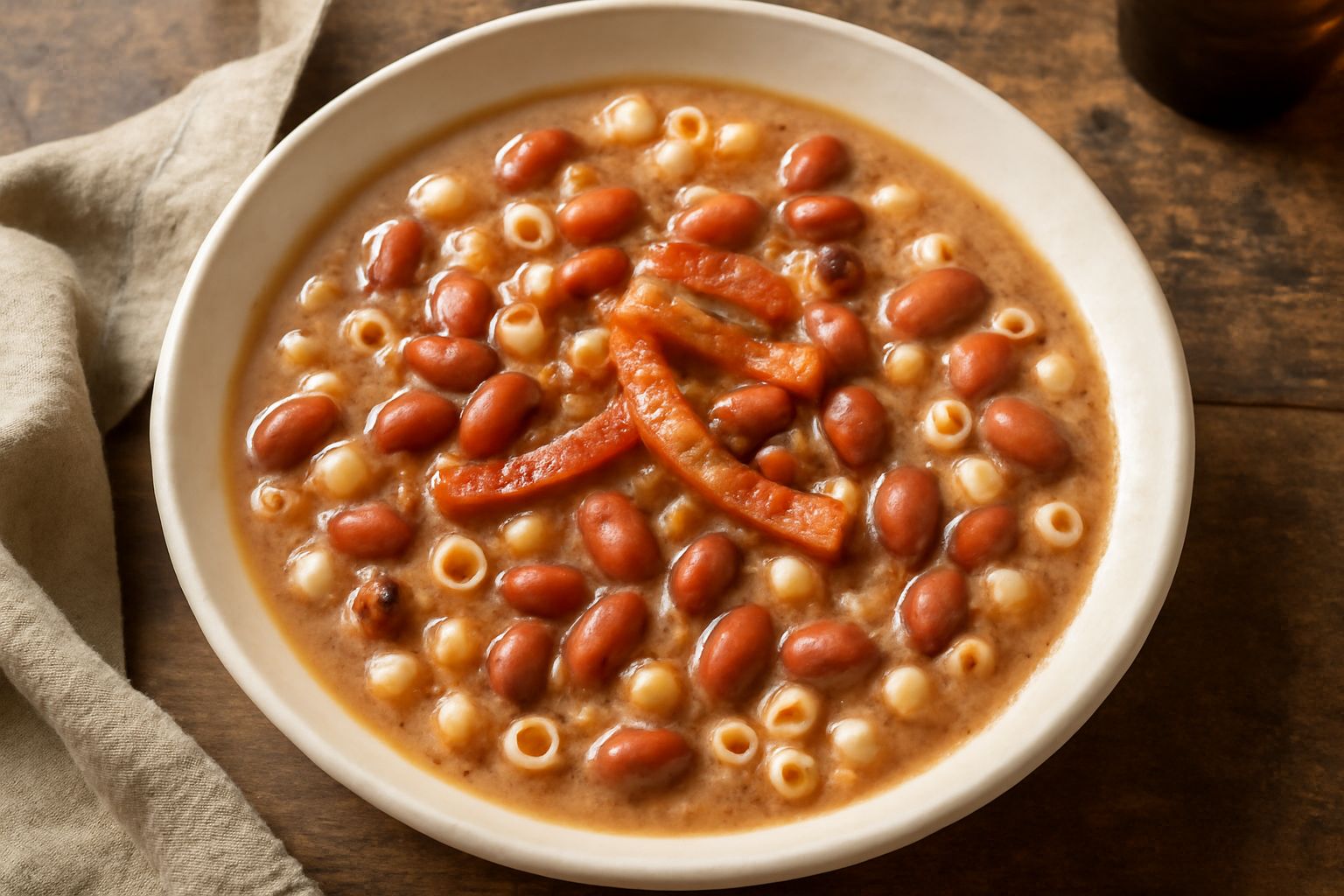 Una ciotola di ceramica bianca piena di pasta e fagioli friulana: fagioli rossi e bianchi, pasta ditalini, brodo trasparente, con fettine di pancetta croccante in superficie e prezzemolo fresco verde.