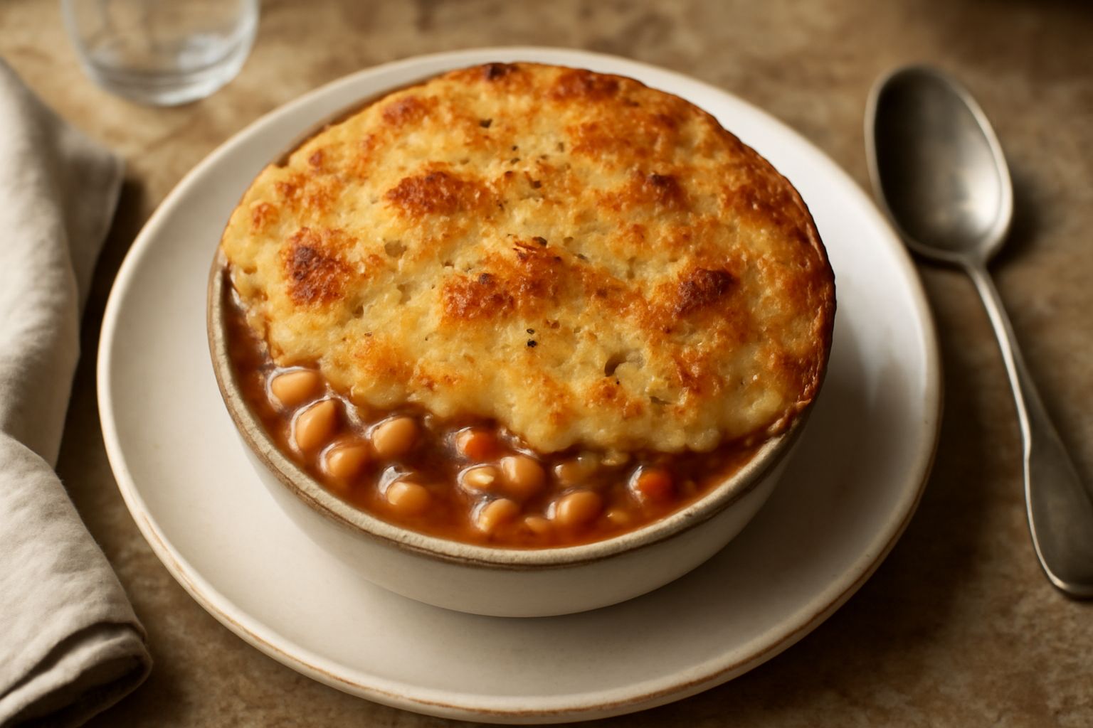 Piatto fondo bianco con pasta e fagioli in crosta dorata e croccante, formaggio grattugiato visibile sulla superficie, vapore leggero che sale dal piatto, bordo di prezzemolo fresco verde