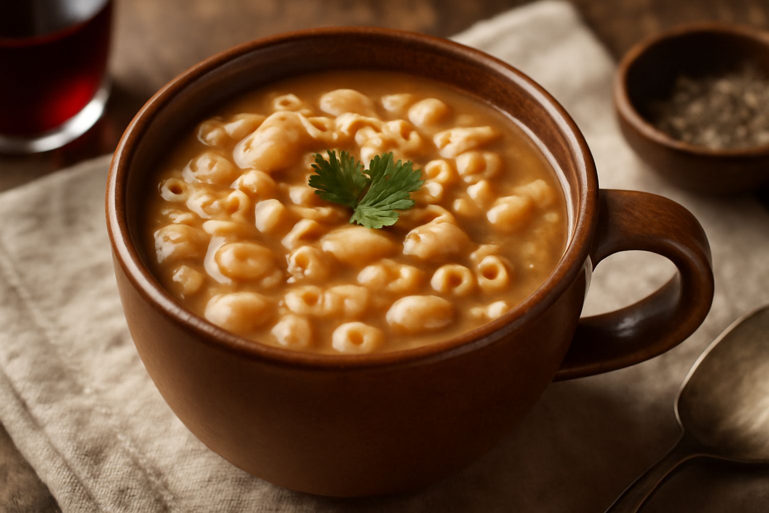 Una tazza bianca di ceramica ricolma di pasta e fagioli cremosi, con fagioli cannellini visibili, un filo di olio verde in superficie e un cucchiaio di legno appoggiato sul bordo