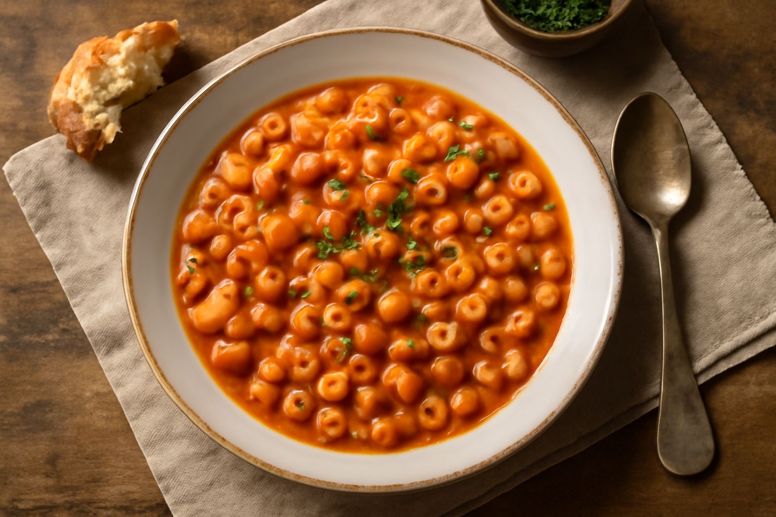 Ciotola di pasta e fagioli fumante con olio d'oliva versato sopra, fagioli borlotti e tubetti, servita in piatto bianco su tavolo di legno