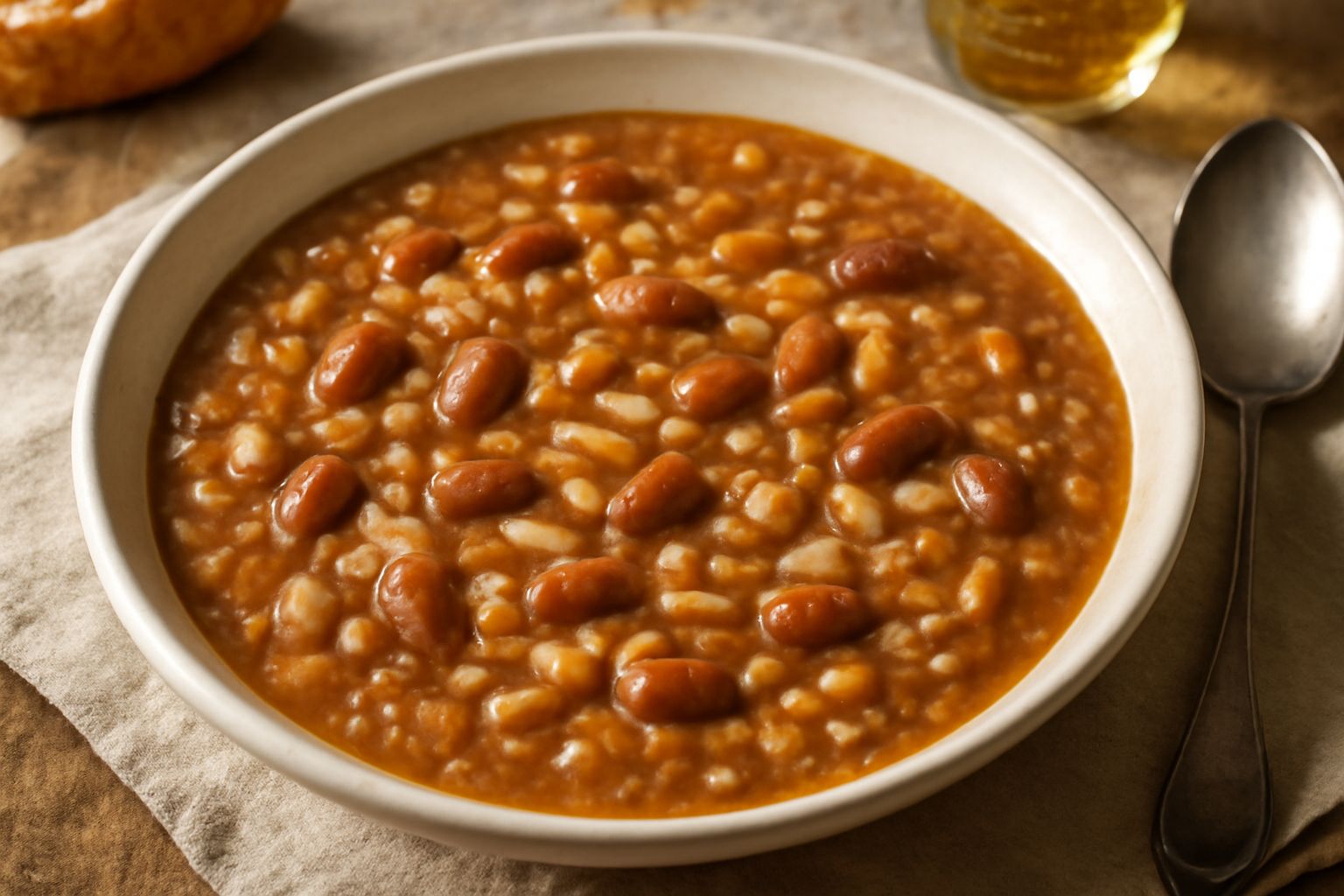 Pasta e fagioli mantovana in un piatto fondo di ceramica bianca: minestra cremosa color marrone con fagioli borlotti interi e visibili, grani di riso bianchi e piccole pasta, condita con olio di oliva