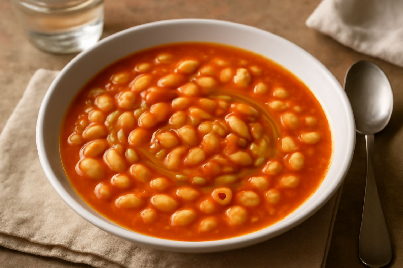 Ciotola di ceramica bianca con pasta e fagioli messinese: fagioli bianchi e pasta corta immersi in brodo rosso-arancio, una cascata di olio verde oliva in superficie, cipolla tritata fine sulla parte 