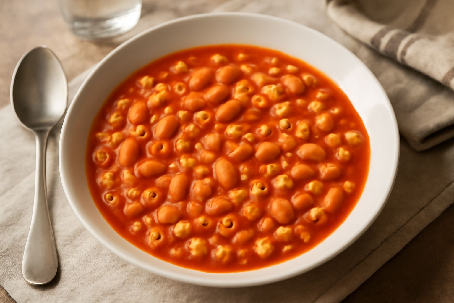 Ciotola di ceramica bianca con pasta e fagioli modicani: fagioli cannellini interi in brodo rosato, pasta ditalini, pomodoro sbriciolato in superficie, filo d'olio verde oliva, prezzemolo fresco trita