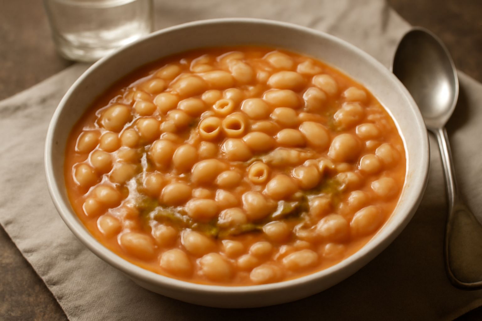 Un piatto fondo di ceramica con pasta e fagioli pisana: fagioli bianchi, pezzi di pasta corta, brodo denso rosato dal pomodoro, olio d'oliva lucido in superficie, prezzemolo verde fresco, pane tostato