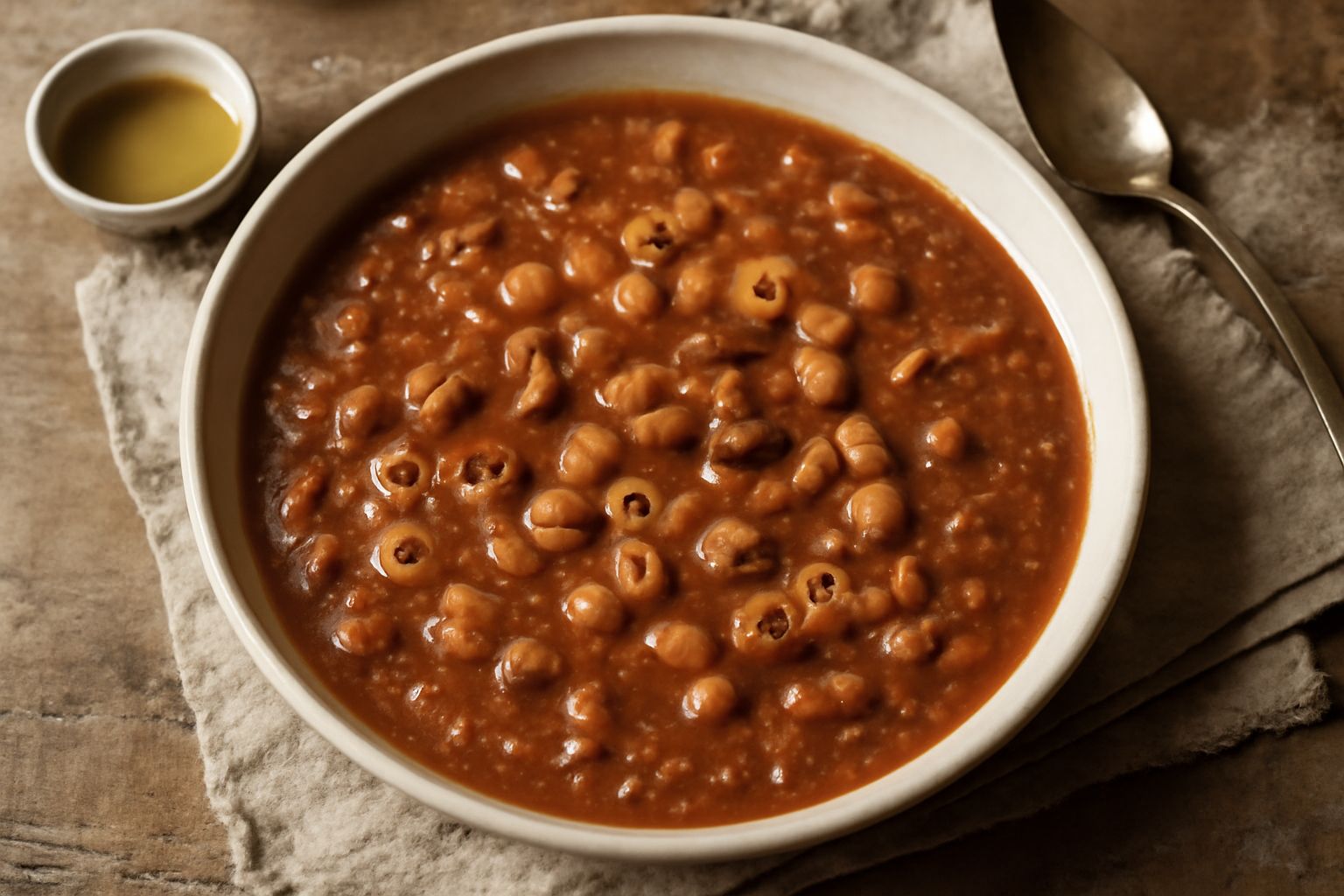 Ciotola di ceramica bianca con pasta e fagioli denso e cremoso, color marrone scuro con riflessi rossi, olio d'oliva lucido in superficie, pezzi di pasta visibili, cucchiaio di legno appoggiato sul bo