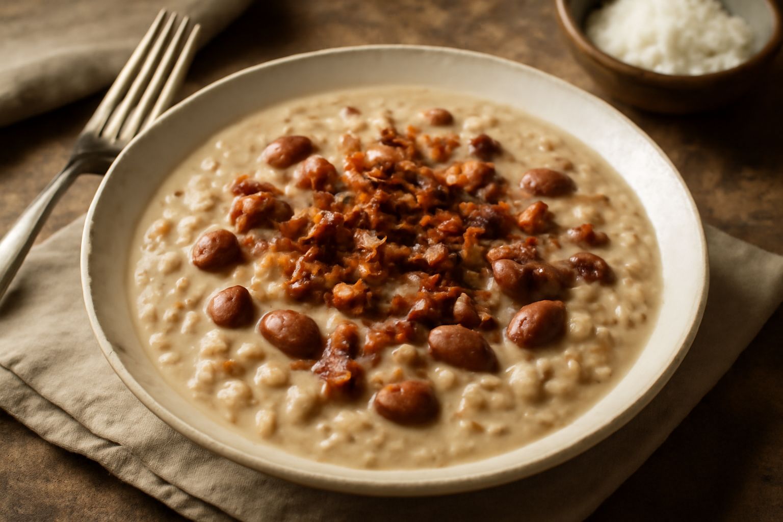 Pasta e fagioli vicentina in ciotola di ceramica, densa con fagioli visibili e piccoli ditalini, pancetta croccante sparsa in superficie, brodo ricco e scuro, cucchiaio di legno poggiato sul bordo
