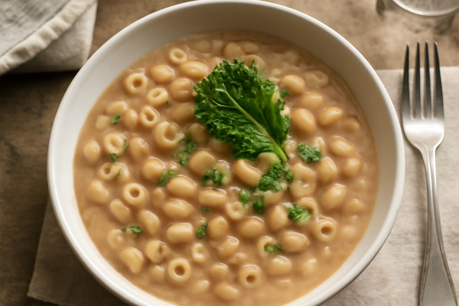 Ciotola di pasta e fajôi con pasta ditalini bianca immersa in sugo cremoso beige, fagioli cannellini interi, gocce di olio verde in superficie, contorno di cavolo riccio fresco