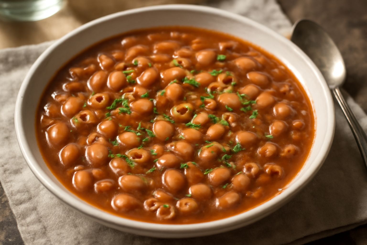 Un piatto fondo di ceramica bianca con pasta 'e fascioli cremosa: pasta corta e fagioli bianchi immersi in brodo rosso-marrone, cosparsi di prezzemolo fresco verde e un filo d'olio in superficie