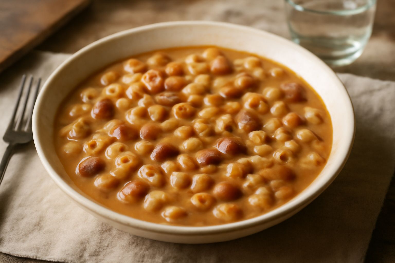 Piatto fondo di ceramica bianca con pasta e fagioli cremosi di colore nocciola e marrone scuro, con fagioli interi e spezzati, guarnito con un filo d'olio verde e prezzemolo fresco sul bordo