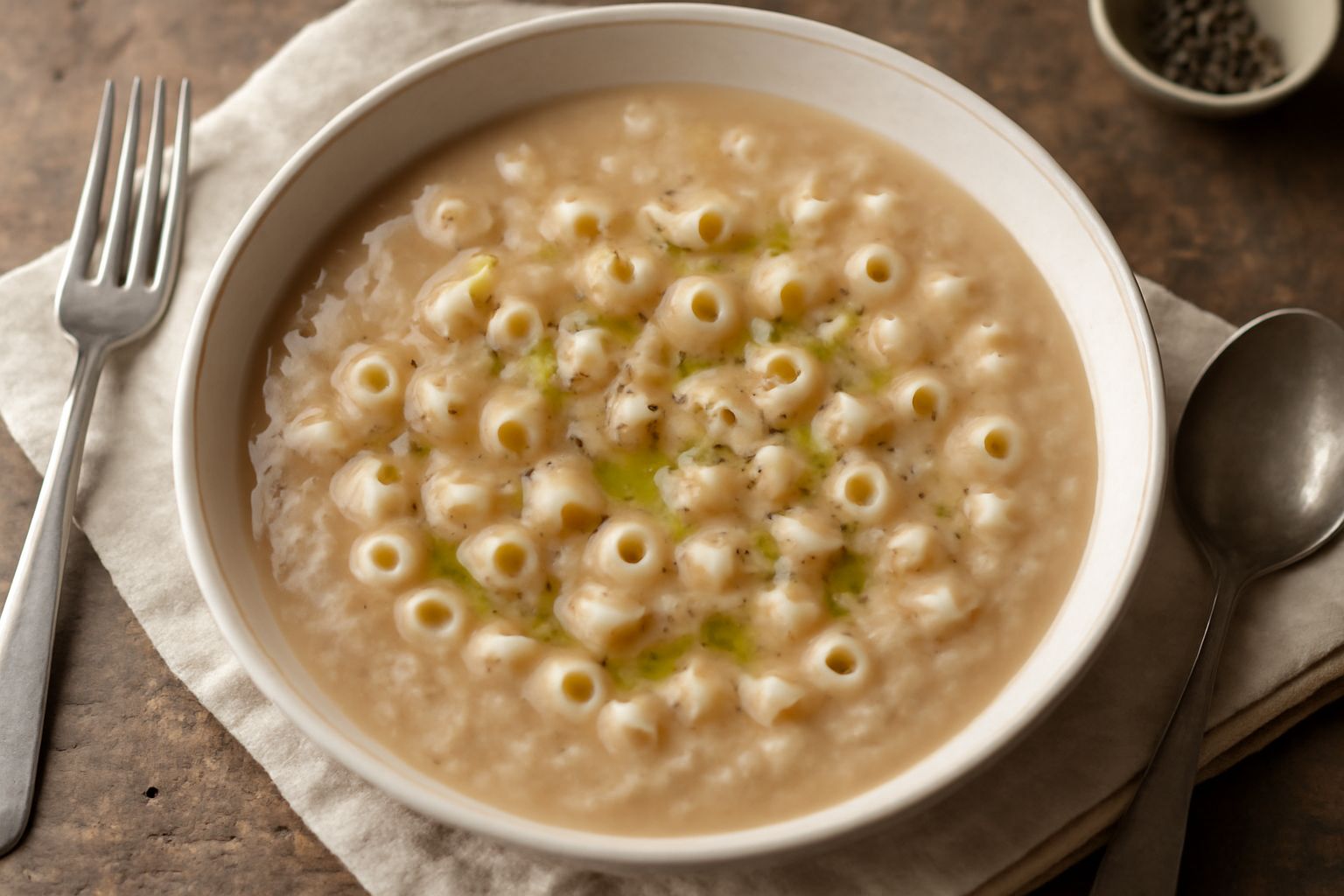 Ciotola di pasta e fasö con pasta tubetti bianca in cremoso ristretto di fagioli bianchi, olio d'oliva versato in filo, pepe nero macinato fresco sulla superficie, contorno di pane tostato