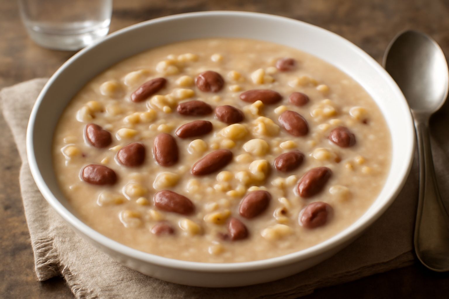 Ciotola di ceramica bianca piena di pasta e fasoi cremosa, con fagioli rossi visibili, pasta corta bianca, olio d'oliva lucido in superficie, guarnita con prezzemolo verde fresco, dentro un cucchiaio 