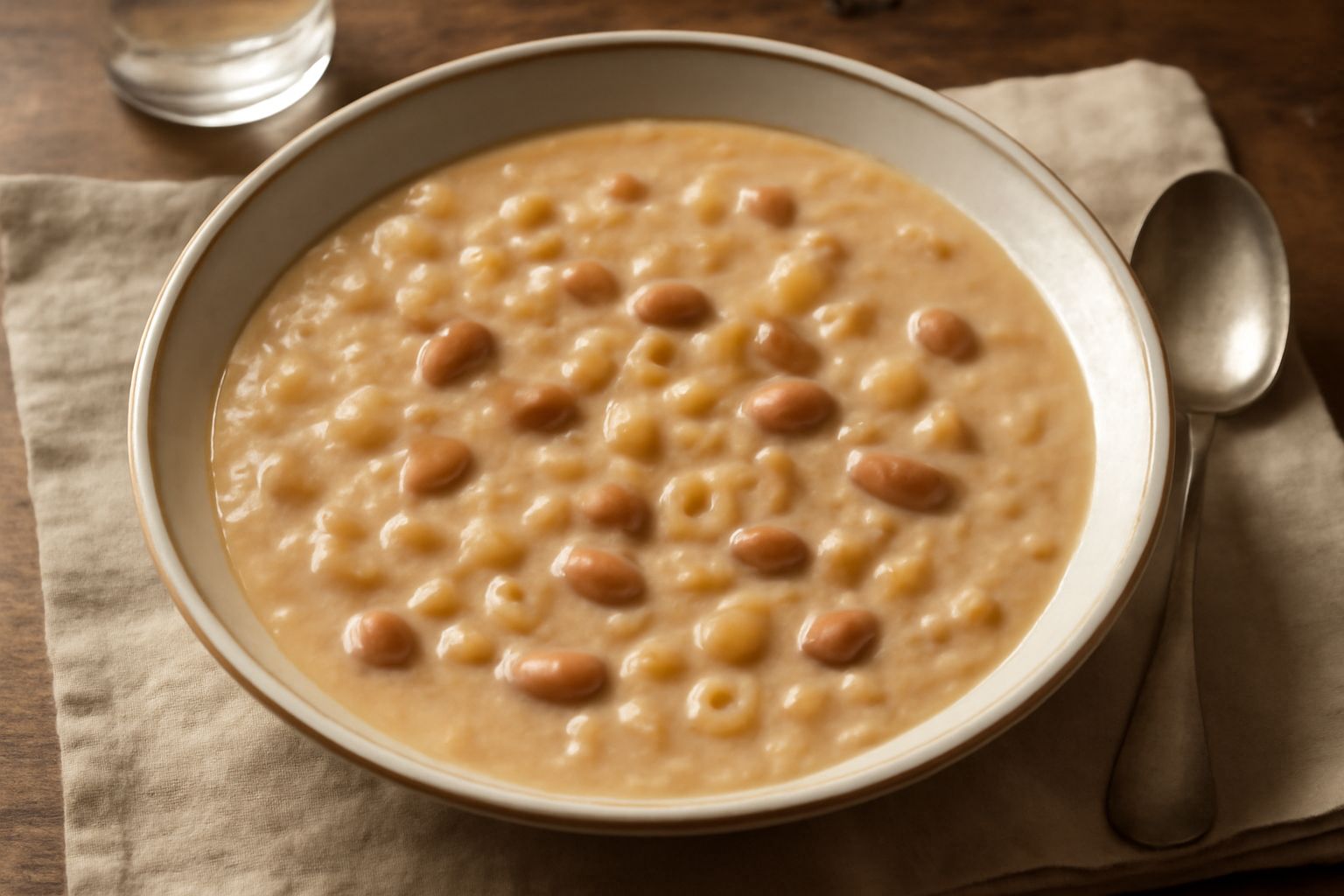 Una ciotola di ceramica bianca con pasta e fasoi d'avanzo: minestra cremosa beige con rigatoni e fagioli bianchi, superficie liscia e densa, un filo di olio d'oliva verde in superficie, sedano e cipol
