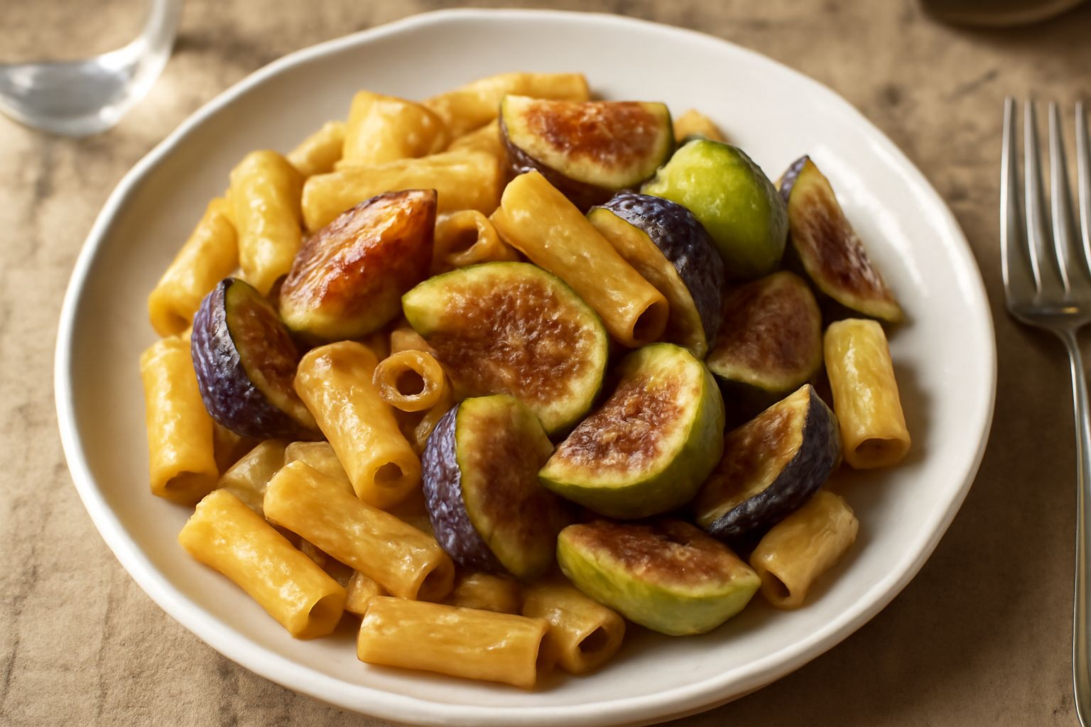 Piatto di pasta corta con fichi freschi tagliati a metà, ricoperti di burro dorato e miele, guarnito con mandorle tritate e un pizzico di sale marino, su fondo bianco
