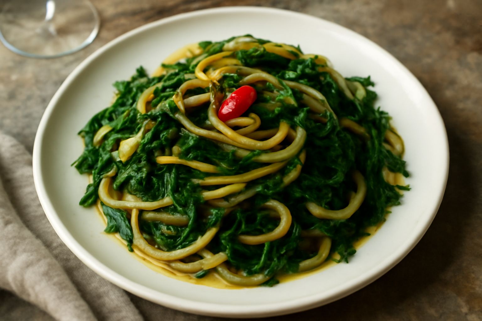 Piatto di pasta con finocchi selvatici soffritti, colore verde intenso dei finocchi, spaghetti al dente color ambra, fili di finocchio che emergono dalla pasta, olio d'oliva lucido, peperoncino rosso 