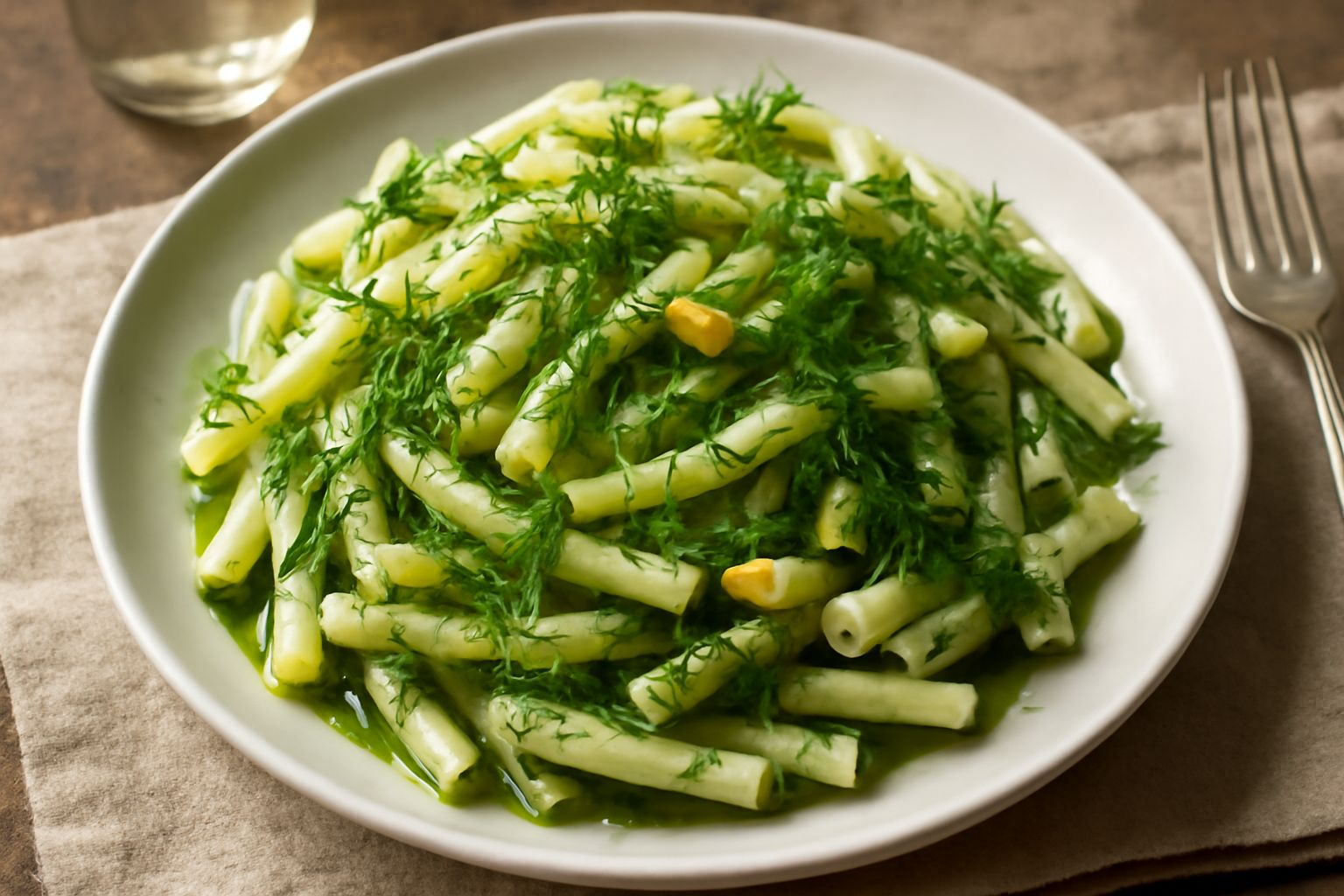 Piatto di pasta bianca condita con finocchietto verde fresco, aglio dorato e olio, guarnito con qualche ramo di finocchietto e una spruzzata di pepe nero