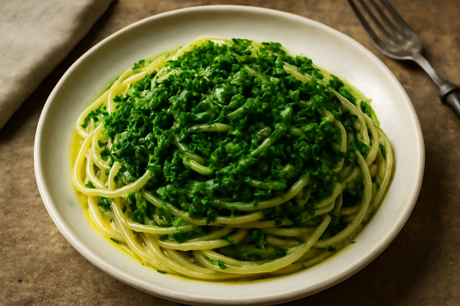 Piatto di pasta con finocchio selvatico tritato finemente, colore verde luminoso, olio dorato in superficie, peperoncino rosso in polvere, aglio affettato leggermente dorato ai bordi, servito in cioto
