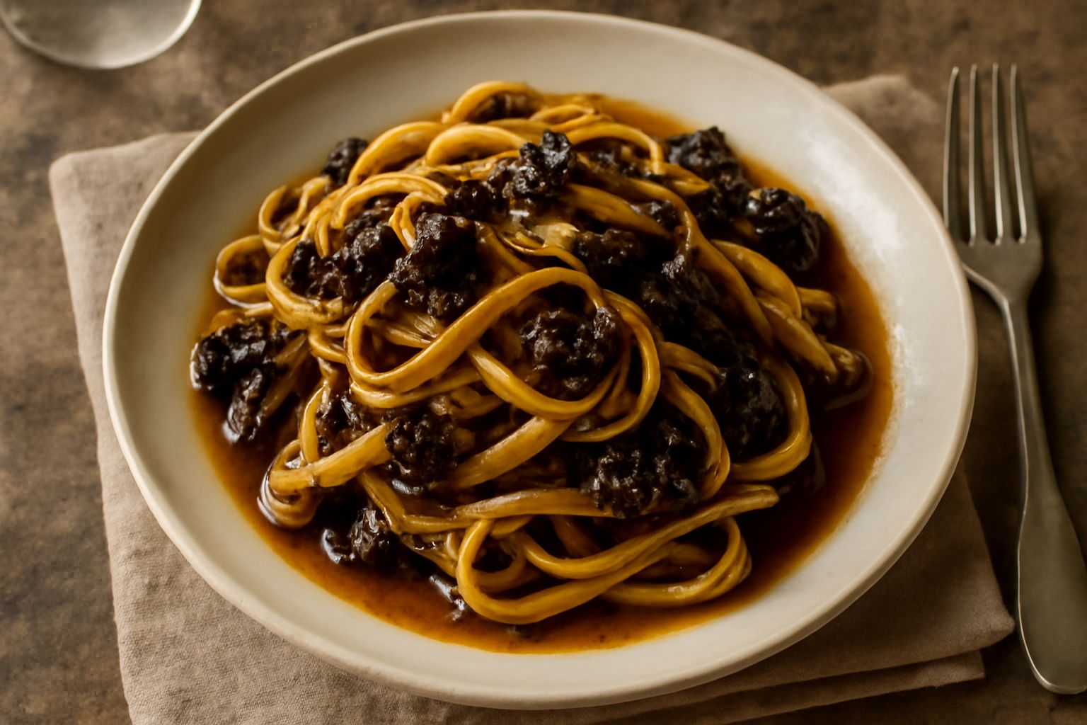 Piatto fondo di pasta con funghi scuri, olio lucido, prezzemolo fresco sparso in superficie, fondo bianco sporco di sugo marrone, bordo del piatto visibile