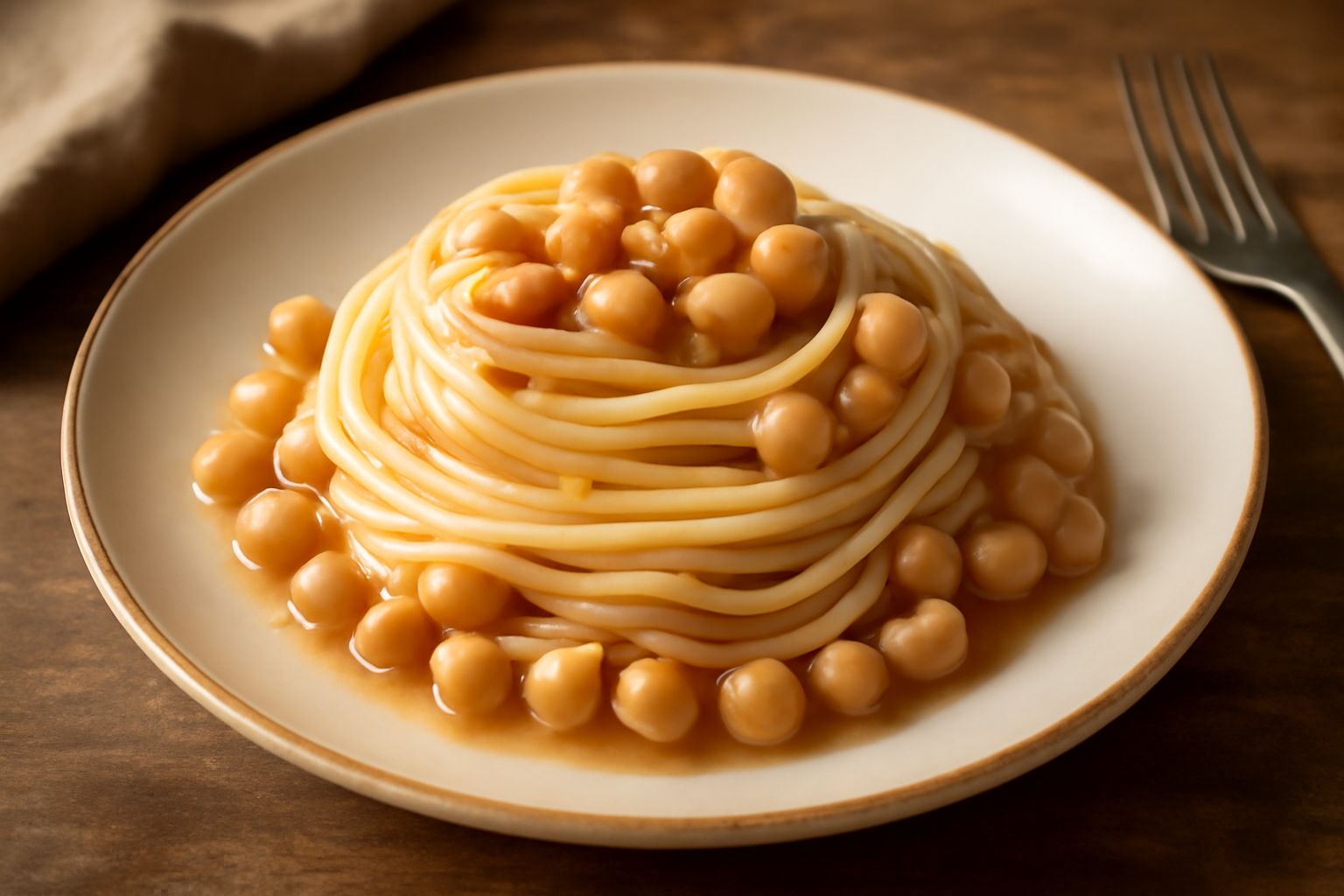 Piatto di pasta di semola bionda con olio di oliva, aglio e prezzemolo fresco, servita in un piatto bianco su tavolo di legno chiaro