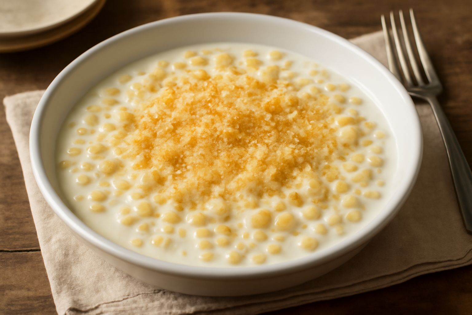 Ciotola di pasta piccola bianca e crema, cosparsa di parmigiano grattugiato, con una noce di burro fusa in superficie e un cucchiaio d'argento poggiato a destra