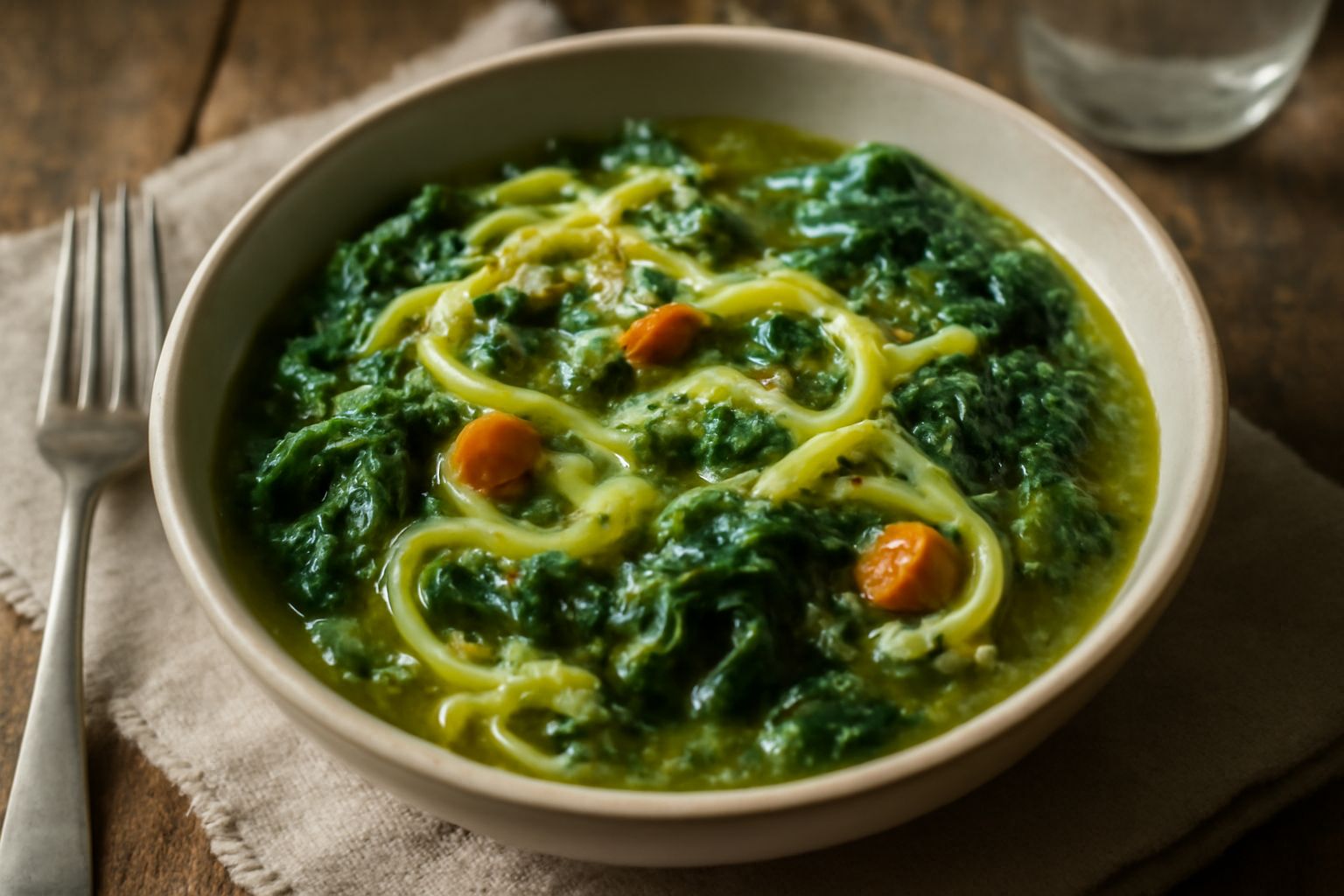 Piatto di pasta e verze con cavolo verde tagliato fine immerso in brodo caldo, pasta risotta, aglio dorato in superficie, gocce di olio extravergine, servito in ciotola bianca profonda