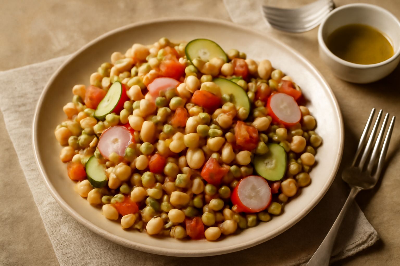 Insalata di pasta con fagioli cannellini e cicerchie in una ciotola bianca, decorata con prezzemolo fresco e pomodori rossi a dadini, su fondo di tavolo in legno naturale con olio d'oliva a lato