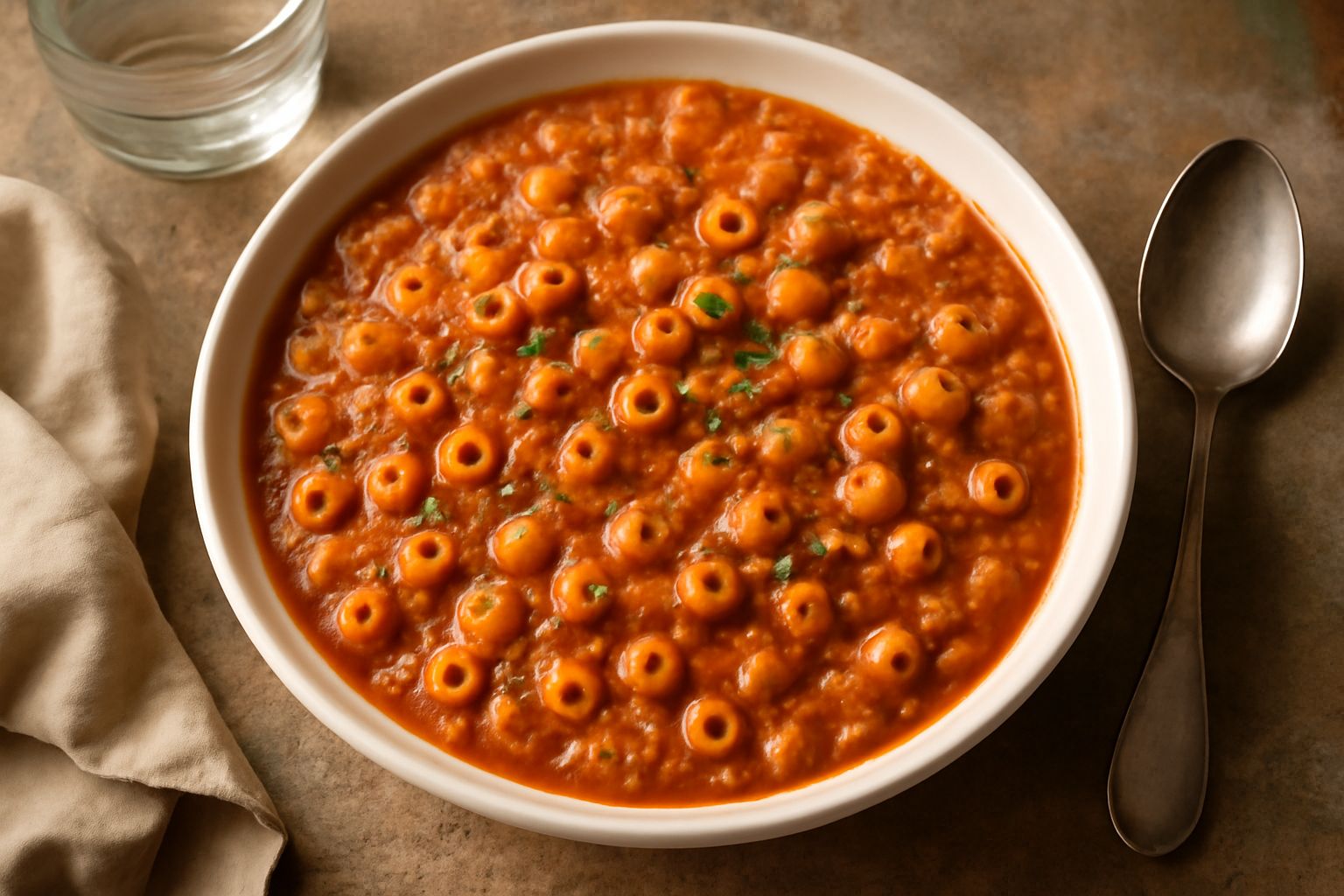 Ciotola di pasta e lenticchie con pasta tubetti di colore giallo, lenticchie rosse frammentate che creano una cremosità densa nel piatto, filo di olio d'oliva in superficie, ricoperto da parmigiano bi